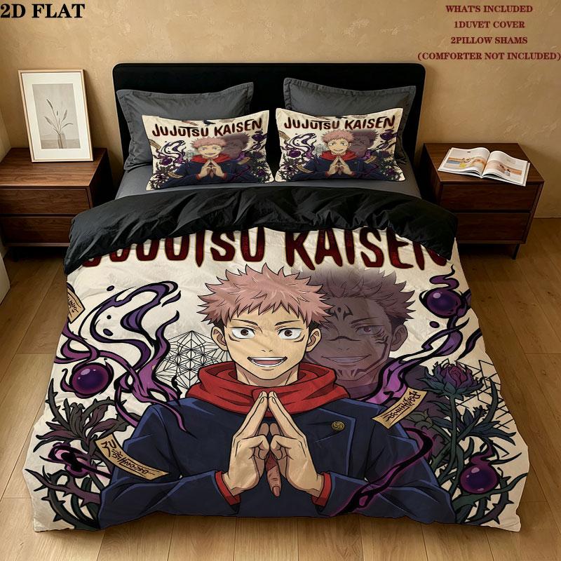 Jujutsu Kaisen Patrón Juego de Ropa de Cama Edredón Funda de Edredón Funda de Almohada Hogar Regalo de Cumpleaños(1 * funda nórdica + 2 * fundas de almohada, sin núcleo)