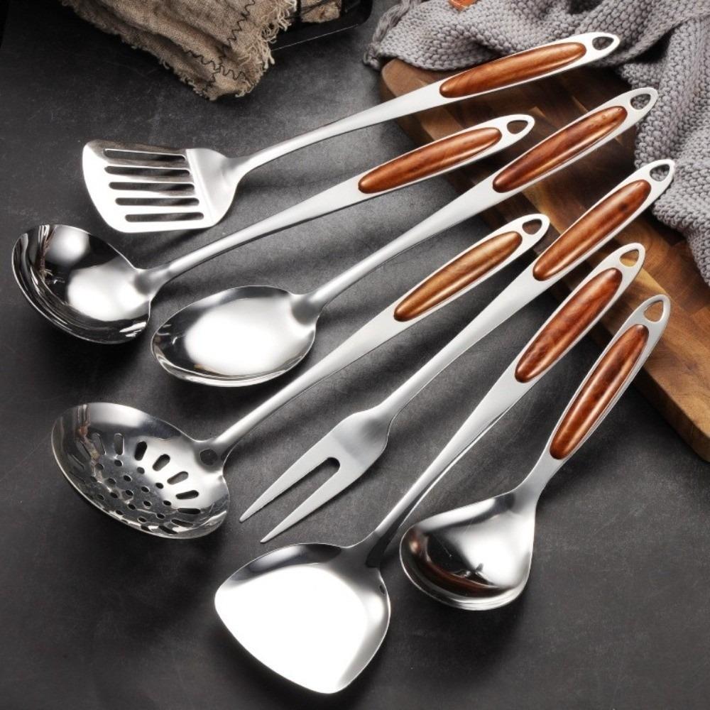 Wooden Handle Kitchen Wok Spatula Solid Spoon Slotted Spoon Stainless Steel Shovel Stainless Steel Fork Kitchenware Tools