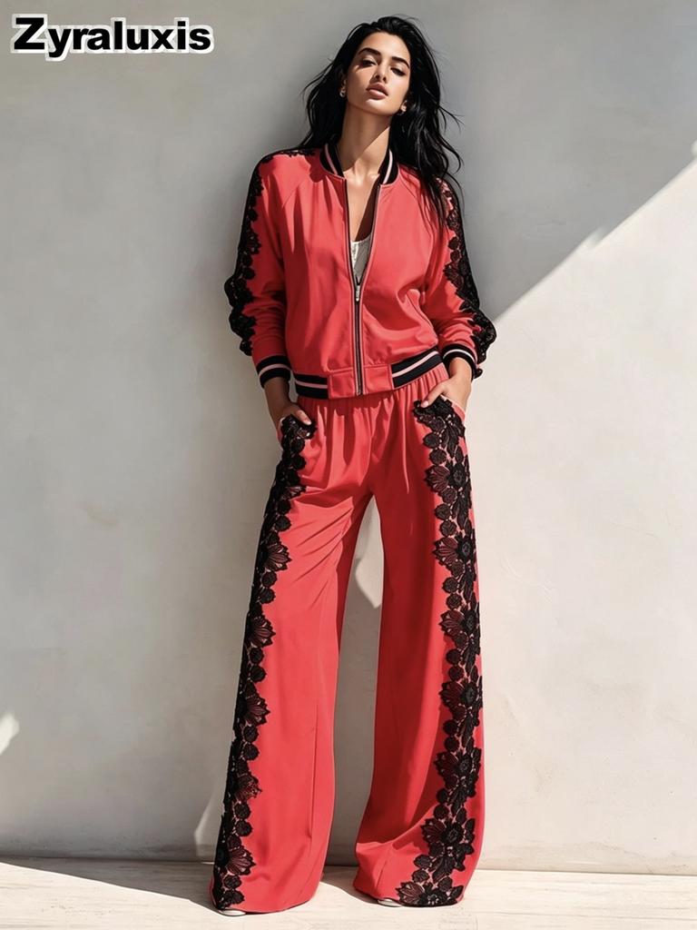 Fitness-Set Spitze Patch Reißverschluss Jacke Weite Hosen Zweiteiliges Outfit