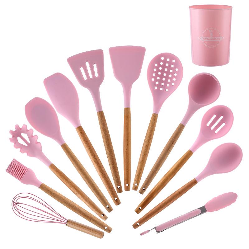 12-Piece High Temp Resistant Silicone Kitchen Utensil Set with Wooden Handles