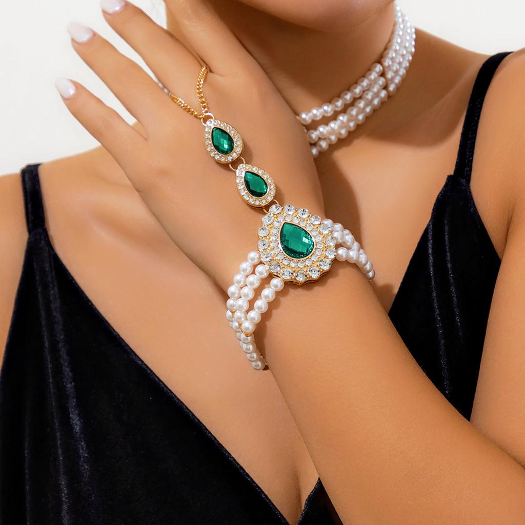KunJoe  Luxury Green Rhinestone Droplet Connected Finger Chain Bracelet Women Elegant Multi-layer Imitation Pearl Bracelet