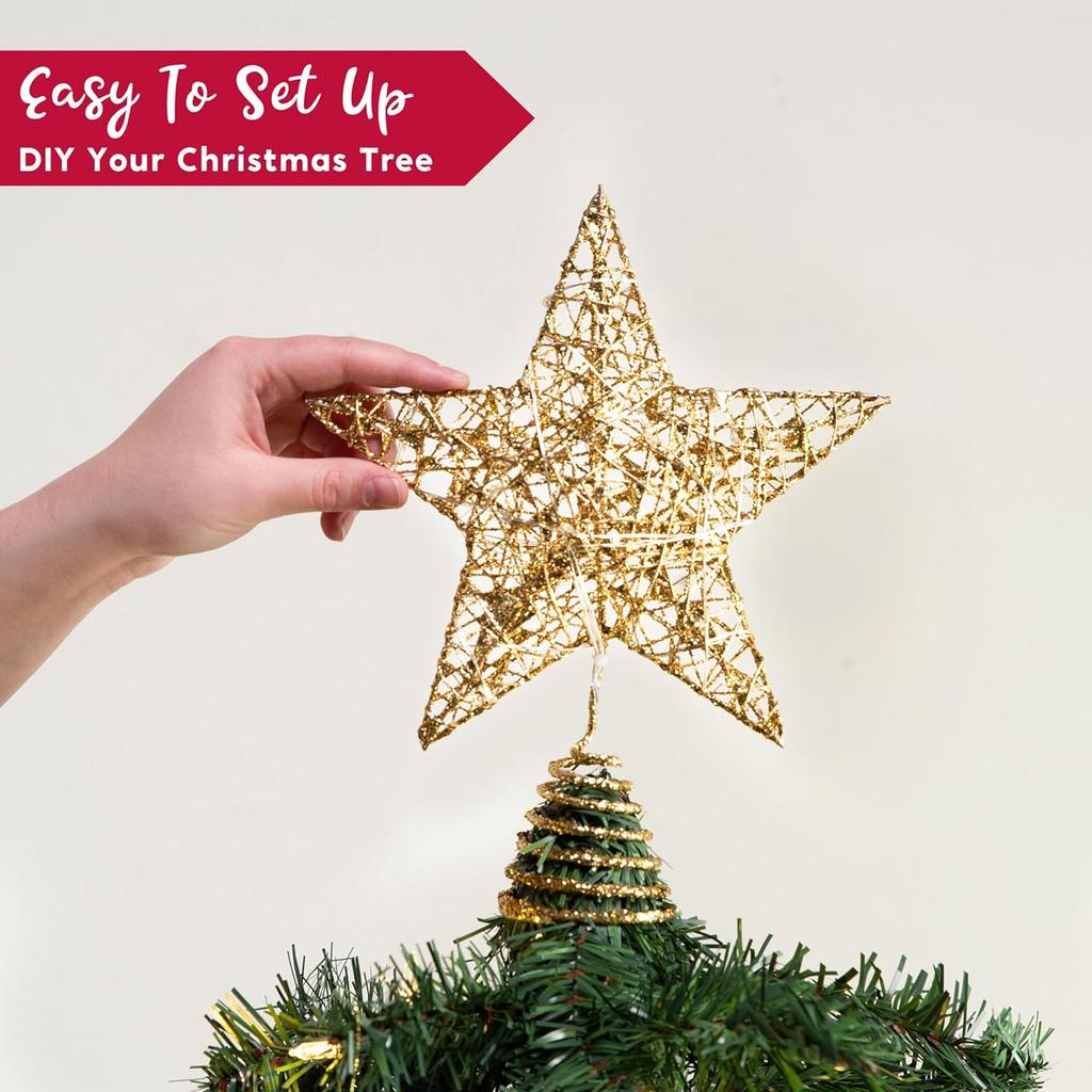 JOYFY 8 inch Christmas Gold Glitter Star Tree Toppers Metal Lighted with 20 LED Lights for Xmas Holiday Party Indoor Decor