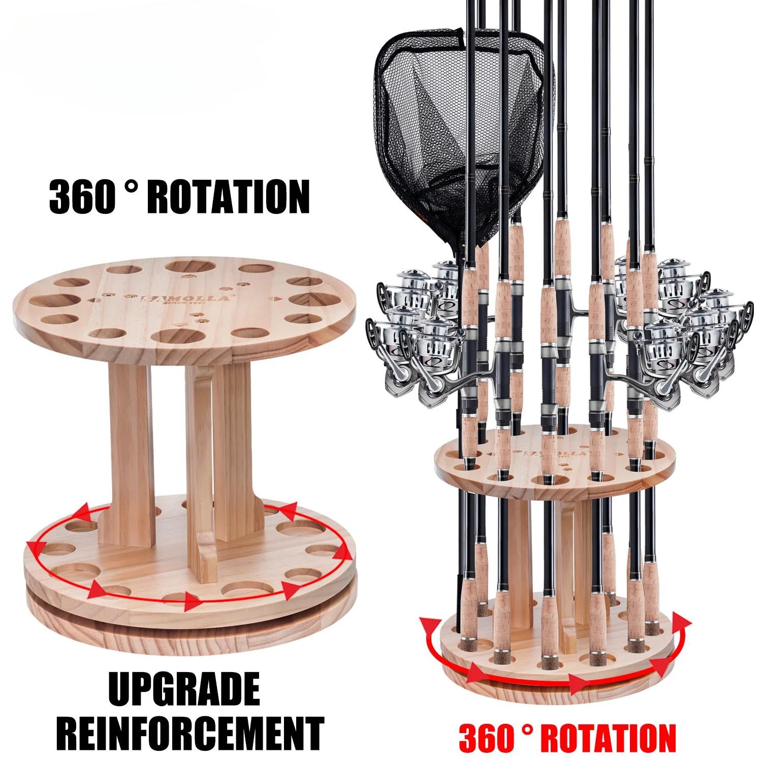 

New Wooden Fishing Rod Storage Rack 360 ° Rotation Wooden 12 Slots Round Fishing Rod Holder Upgrade and Strengthen Space Saving Storage Organizer Fishing rod holder