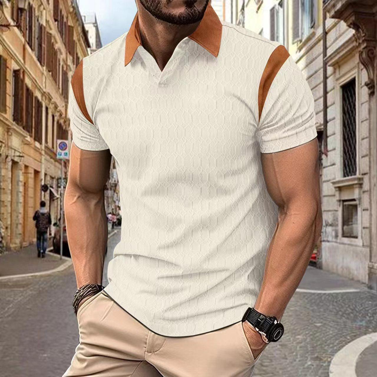 Summer New Men s POLO Shirt Waffle Jacquard Solid Colour Short-sleeved T-shirt Tops S хаки