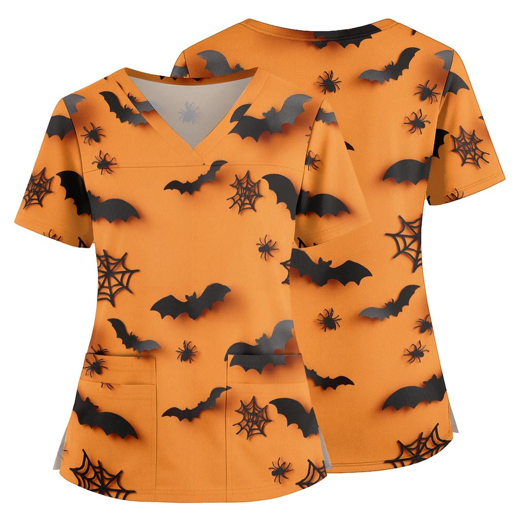 Halloween Print V Neck Medical Scrub Top with Pockets Side Slits Short Sleeve Nurse Uniform Shirt for Women