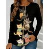 Women's Long-Sleeve T-Shirt for Autumn, Cat Climbing Rope Print Street Style Casual Crew Neck Pullover Loose Fit Outdoor T-Shirt
