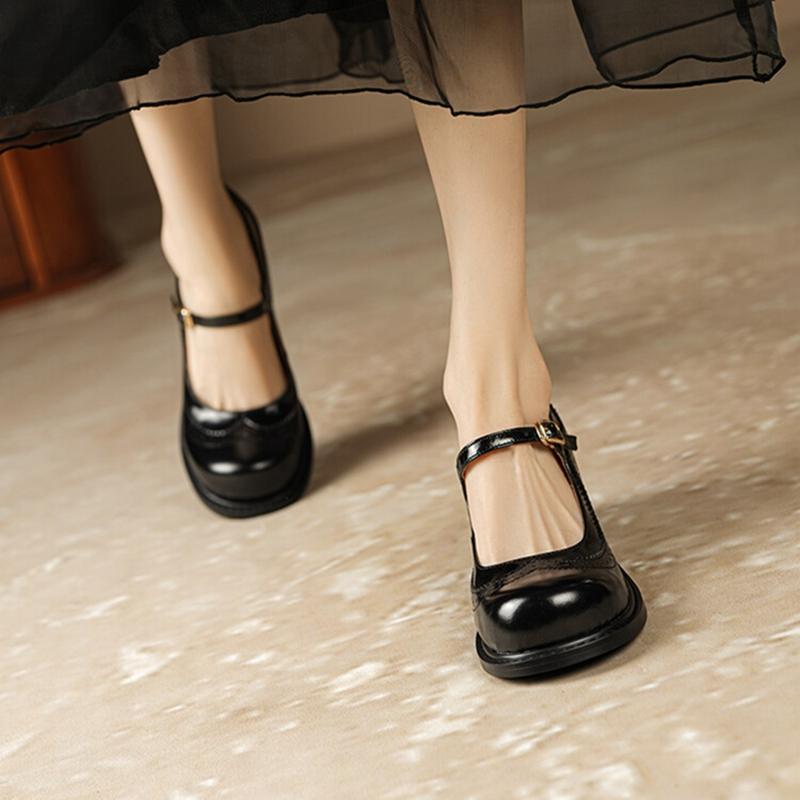 Fashion NEW Spring Women Pumps Genuine Leather Shoes for Women Round Toe Chunky Heel Shoes Retro Mary Janes Carving College Girl Shoes