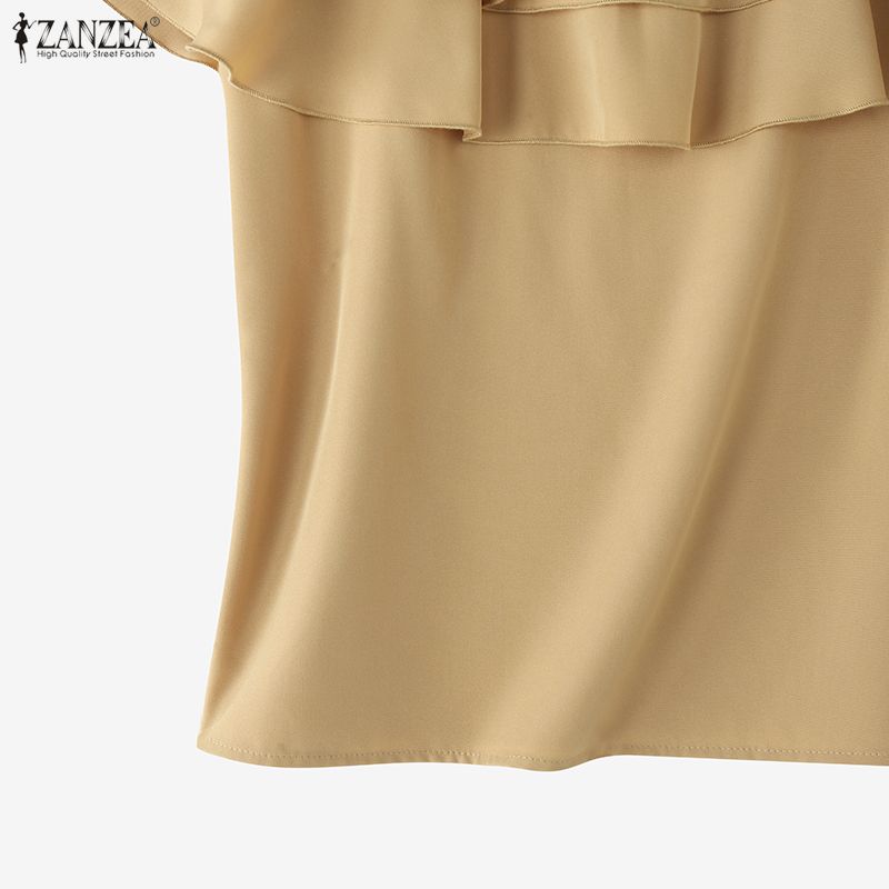 ZANZEA Women Casual Round Neck Summer Short Sleeve Ruffles Blouse