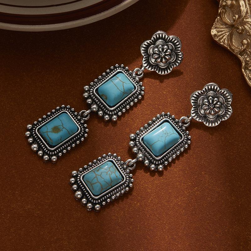 

Flower Square Turquoise Earrings, High-End Retro Ethnic Style Earrings, Women S Bohemian Style Earrings.