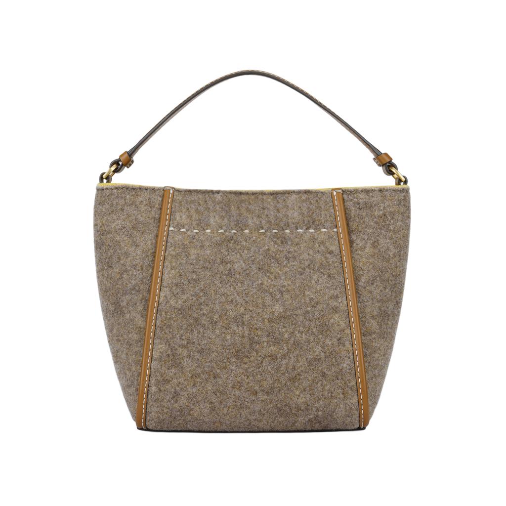 Tory Burch Mcgraw 18 Magnetic Snap Dog Clip Closure Felt Patchwork Boucle Bucket Bag Women Bags Gray-Brown 138952-294
