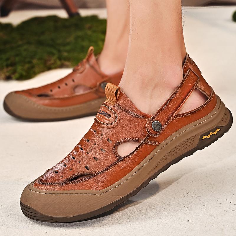 Fashion Summer Fashion New Men's Comfortable Two-layer Cowhide Toe Cap Sandals Brand Outdoor Men's Thick Soled Anti Slip Beach Shoes