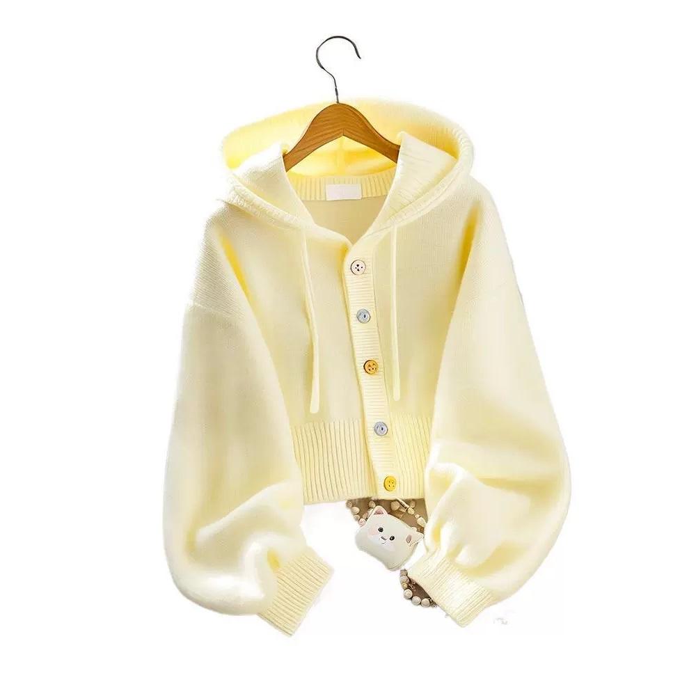 Yellow Loose and Lazy Style High-end Hooded Sweater Jacket, Autumn Women's Knitted Cardigan Top