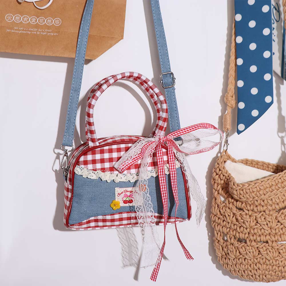 Rural Style Denim Plaid Handbag Lovely Sweet Crossbody Bag Retro Lattice Bowling Bag  Students