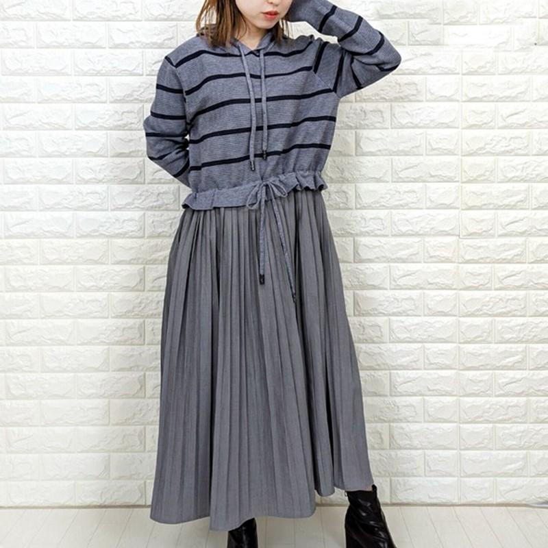 Long Sleeve Plus Size Hooded Knitted Patchwork Vintage Stripe New In Dresses for Women Casual Loose Spring Autumn Sweater Dress
