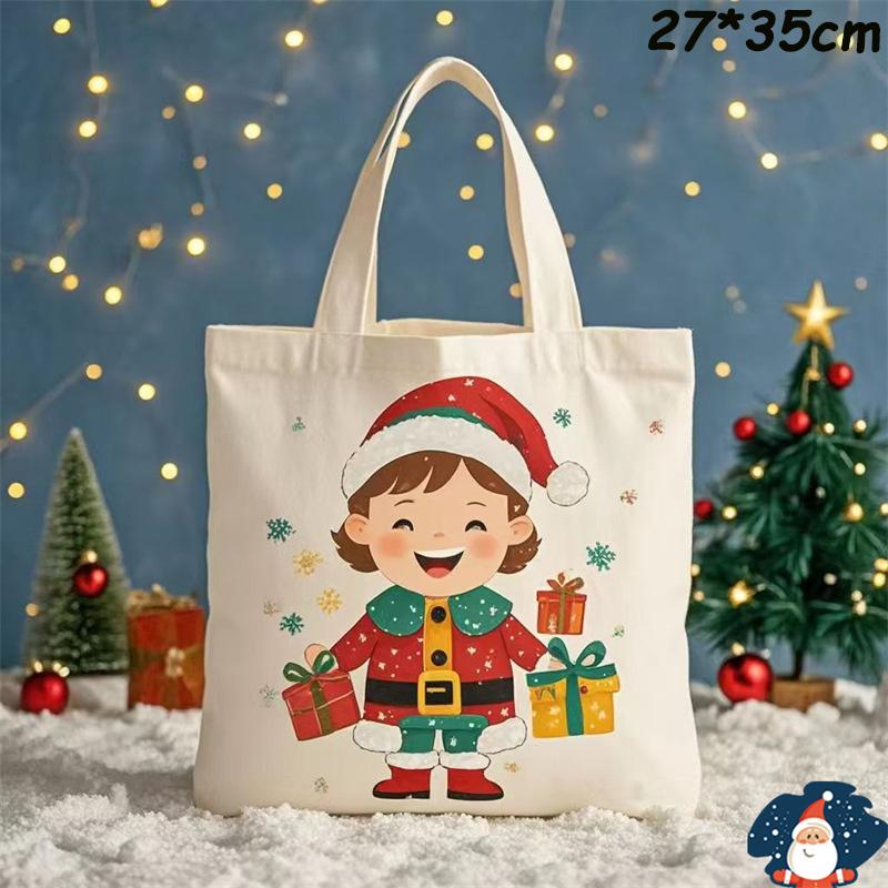 Happy New Year Christmas Gift Bags Cartoon Santa Claus Elk Christmas Tree Tote Canvas Bag Large Capacity Holiday Shopping Bag