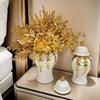 Lidded Ceramic Vase Glossy White Jar-Shaped Vase Decorative Ceramic Jar Gold Trim Home Decor Display Piece