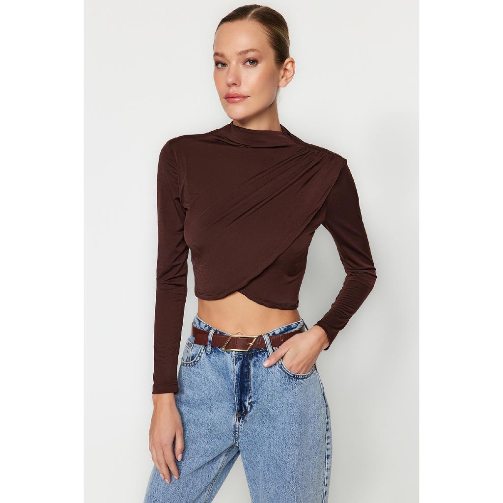 Bluză neagră drapeată cu guler înalt Twoaw24bz00164