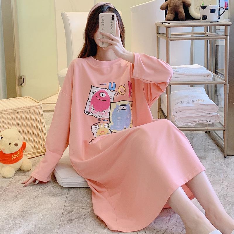 Pijamas bonitos de manga larga para mujer - Primavera/Otoño, Talla grande (Hasta 300 libras), Camisón de Largo Medio