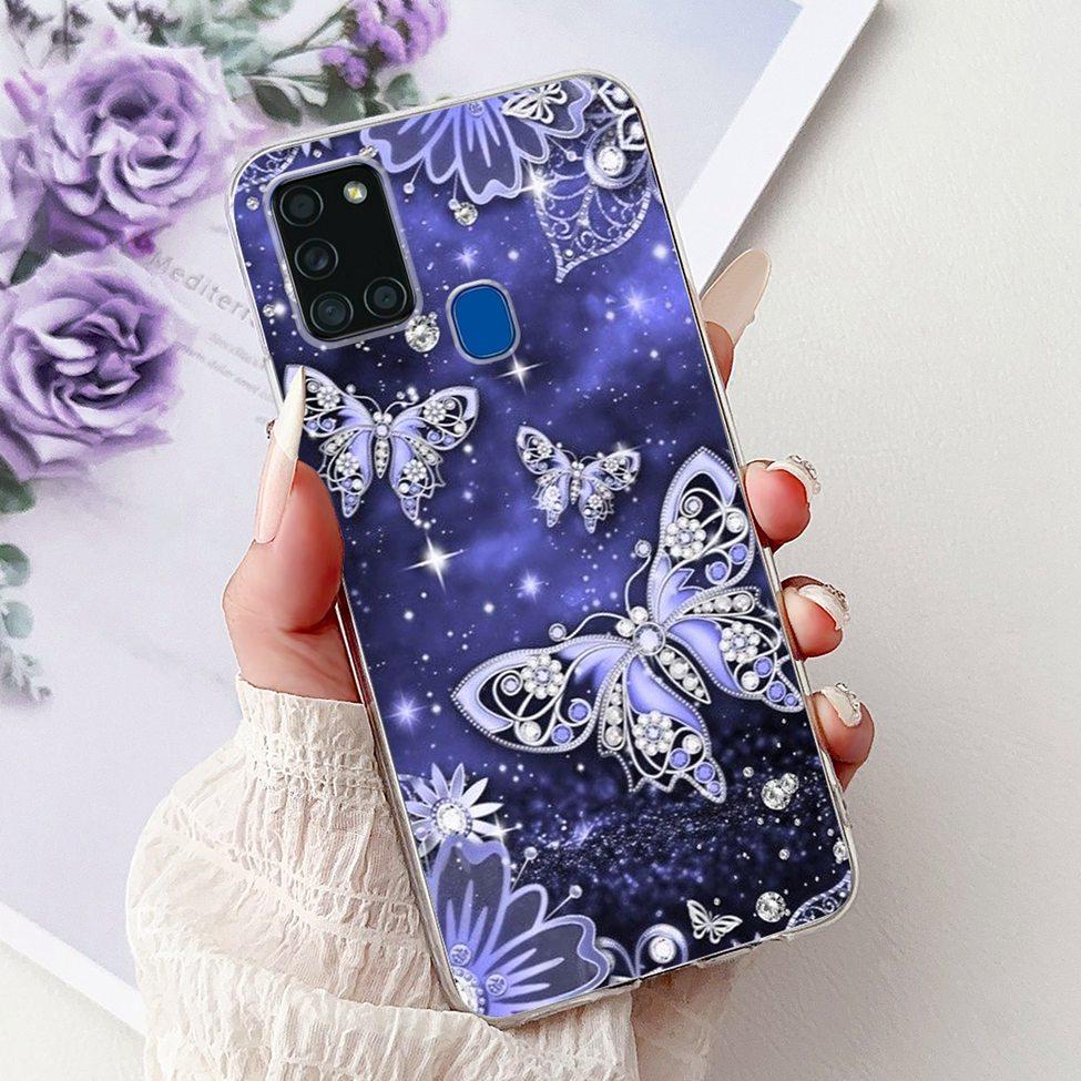 Clear For Samsung A21s SM-A217F SM-A217M Cover For Samsung Galaxy A21s Case Cute Luxury Butterfly Love Flowers Cool Painted