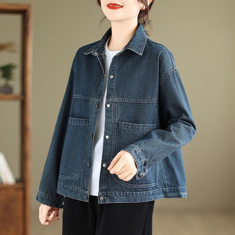 Autumn Women Denim Jacket Retro Long Sleeve Jeans Loose Casual Coat Outwear Overwear