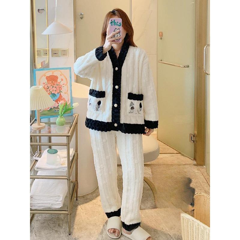 Pyjamas Women's Fall/Winter Coral Velvet Thick Velvet Warm Loose Home Wear Set