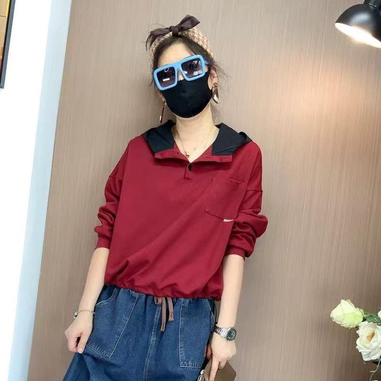 Women's Autumn Half-Zip Hooded Sweatshirt with Pockets and Drawstring Waist