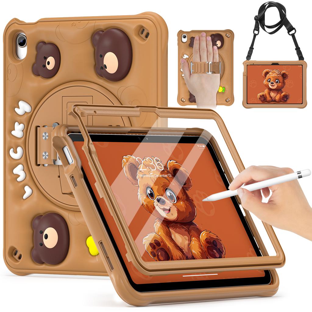 For iPad (2025)/10.9 (2022) Case with Shoulder Strap Bear Pattern PC+Silicone+TPU Kickstand Tablet Cover