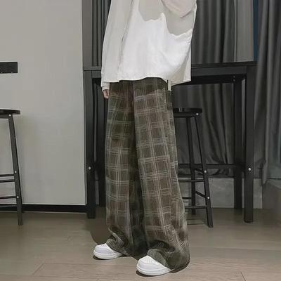 Men's Korean-Style Corduroy Plaid Wide-Leg Pants - Trendy, All-Match, Loose-Fit Trousers for Spring & Autumn.