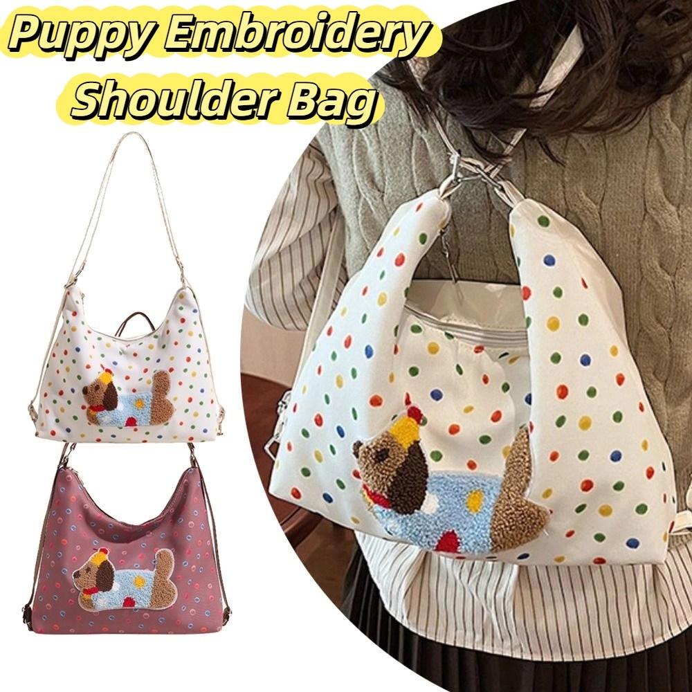 Korean Style Puppy Embroidery Shoulder Bag Y2k Cartoon Handbag Sweet Polka Dot Tote Bag Girls