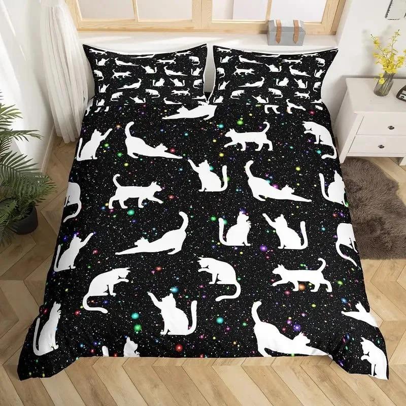 Comforter Galaxy Cat Girls 3D Digital Cat Bedding Set Galaxy Colorful Cat Starry Sky Comforter Lover