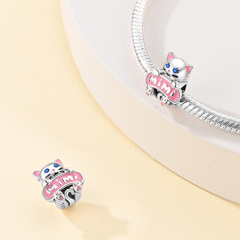 Original Copper Charms Luxury Pink Scooter Cat Animal Beads Fit Bracelet Diy Women Making Delicate Gift
