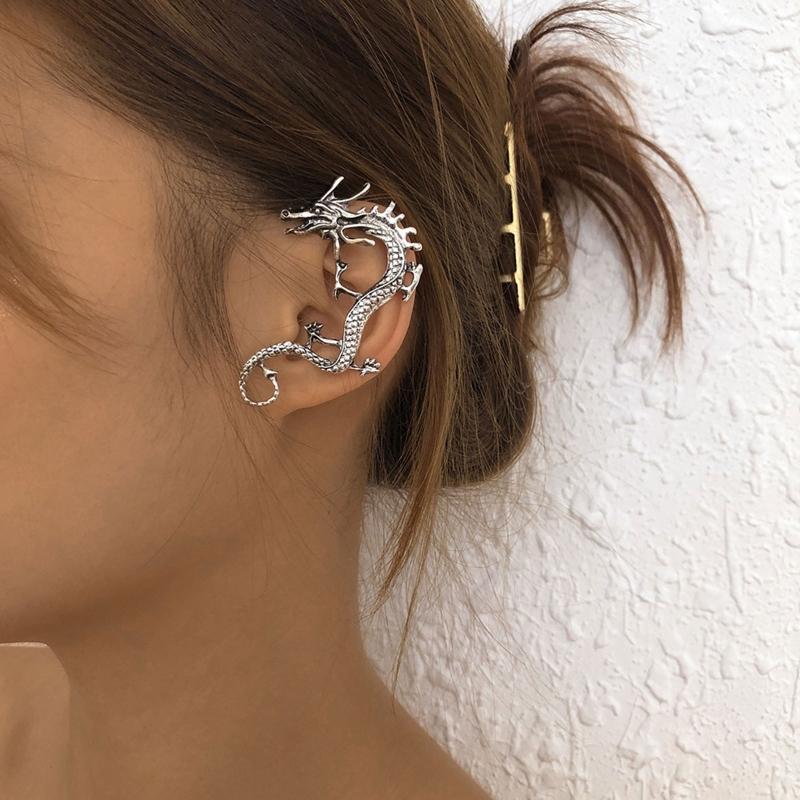 Pendientes estilo punk vintage con forma de dragón retro, aretes trepadores de orejas de rosa, aretes góticos con clip para las orejas, para mujeres y hombres, para fiestas