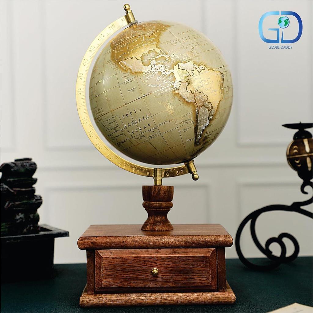 8 Inch Decorative Spinning World Globe with Seasoned Wood Drawer - Gold Foil Stamp Map, Cream Texture - Elegant Home & Office Decor, Showpiece