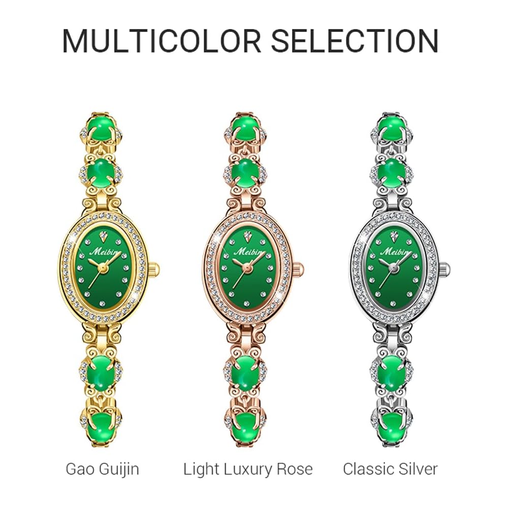 "Elegant Women's Bracelet Watch Green Crystal Waterproof Quartz Simple Rose Gold"