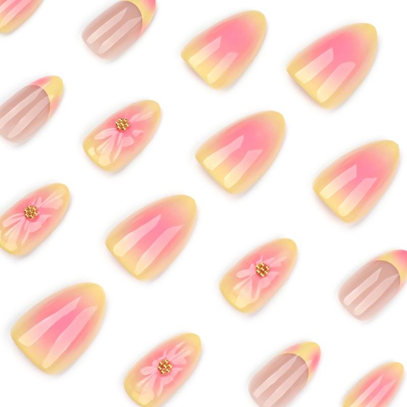 Long Wear French Artificial Nail 3D Flower Detail Yellow Coral Blend Easy Application Durability ABS Materials