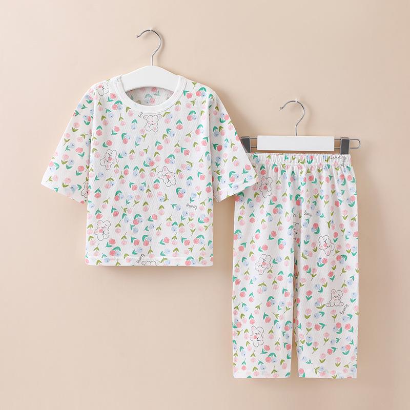 Children's Summer Cotton Pajama Set - Cartoon Print, Tagless, 3/4 Sleeves, for Air-conditioned Rooms