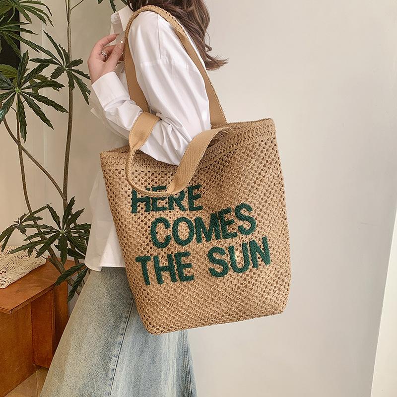 Mesh Tote Bag Women Summer Beach Handbag with Bold Lettering Casual Everyday Shopping Bag
