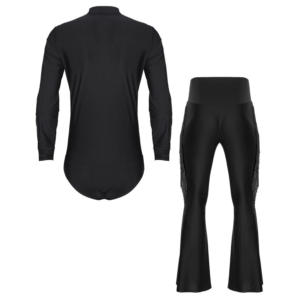 Mens Glittery Rhinestones Leotard V Neck Long Sleeve Satin Patchwork Bodysuit Figure Skating Performance Costume