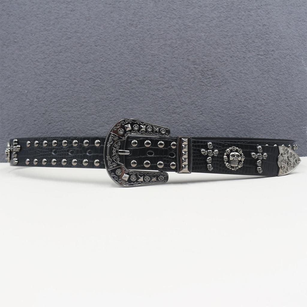 Crocodile Pattern Western Rivet Skull Punk Leather Belt, Unisex Y2K Style