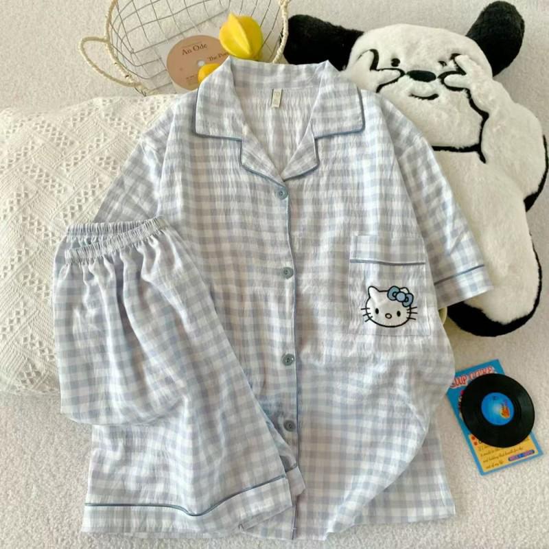 Women's Summer Cloud Cotton Pajama Set: Sweet Cute Cardigan with Short-Sleeved Top and Shorts.