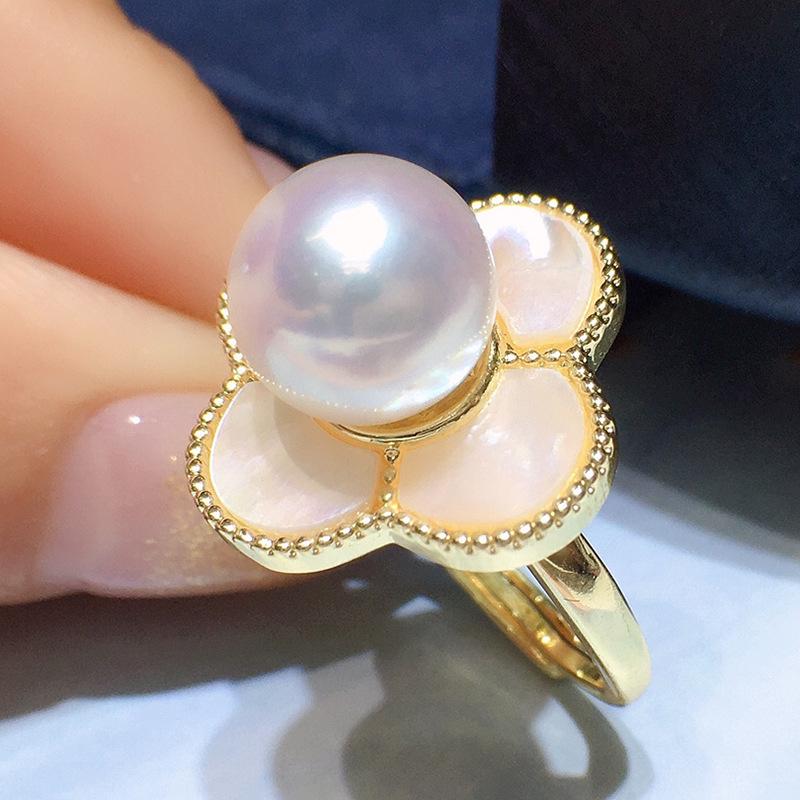 Versatile Fashion Ring with 9-10mm Freshwater Pearl & Four-Leaf Clover Inlay Adjustable Open