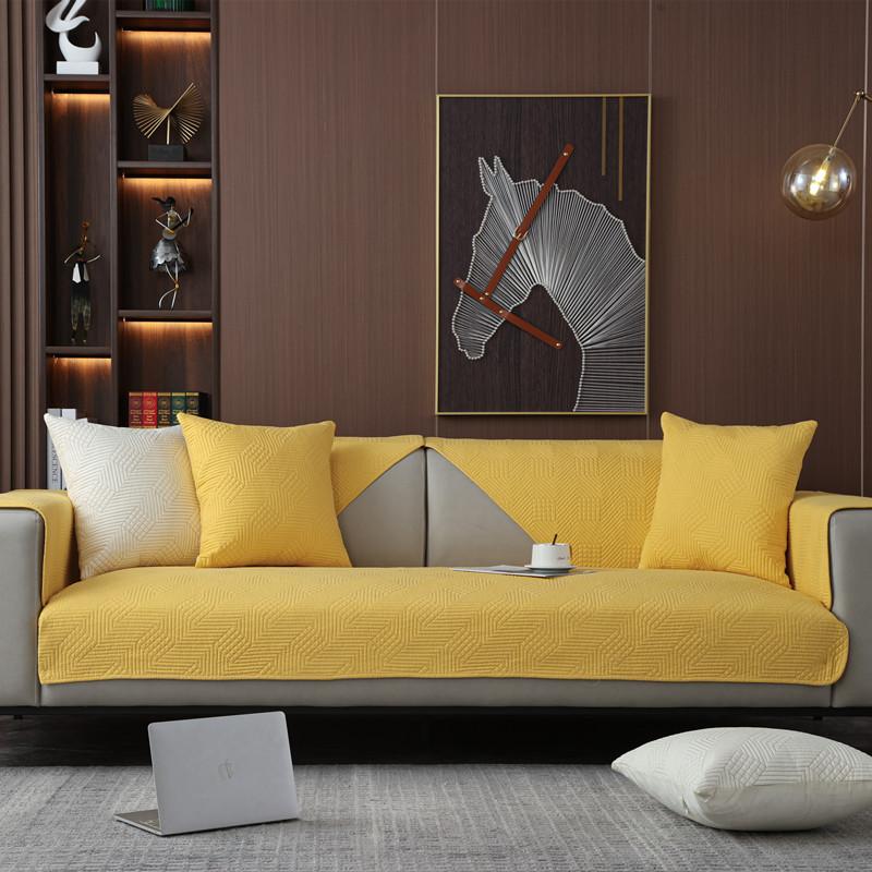 Four Seasons Washed Cotton Quilted Plaid Sofa Cushion Modern Simple Solid Color Fabric Anti-Slip Sofa Cushion Cover