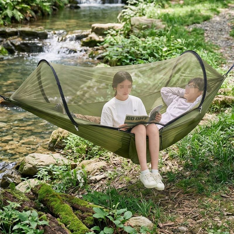 2-In-1 Camping Hammock with Mosquito Net Ultralight Parachute Nylon Hanging Bed for Outdoor Survival Travel Backyard Mosquito Net Swing Basket