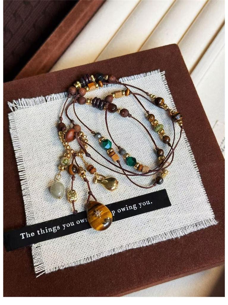 Tiger Eye Teardrop Beaded Necklace - Ethnic Style Retro Sweater Chain, Light Luxury High-End Accessory