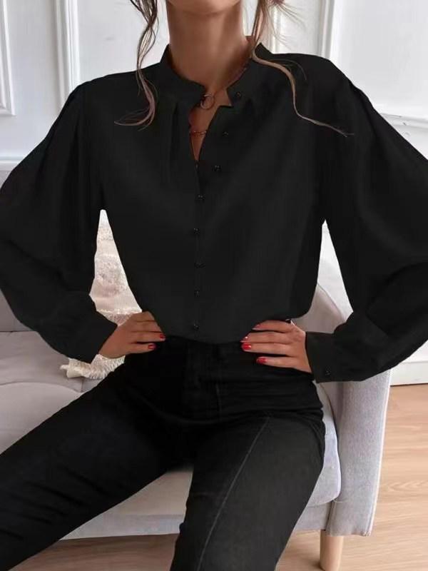 Women's Elegant Solid Color Lapel Shirt - Spring 2024, Long Sleeve, Button-Up, Loose Fit