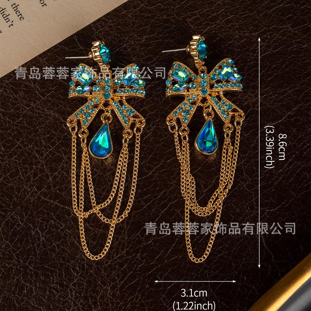 Middle Aged BJ Light Luxury Bow Water Droplet Pendant Earrings Alloy Chain Long High-end Feeling