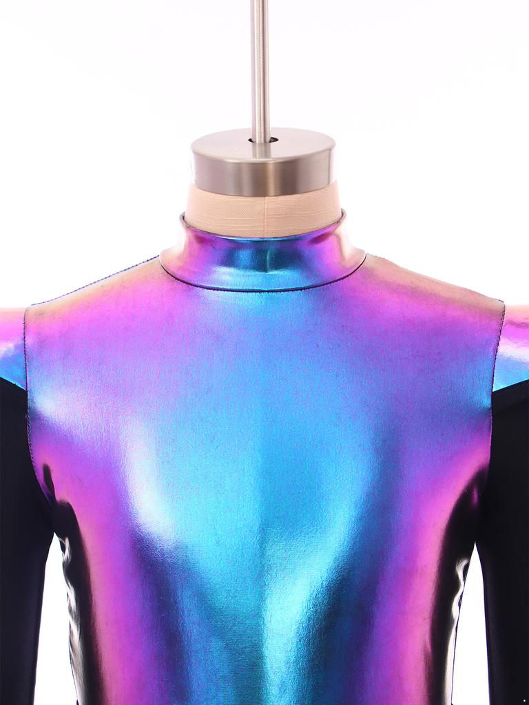 Robe Costumes d'Aliens pour Filles Patchwork Brillant Métallique Col Montant Manches Longues Fermeture Éclair Invisible Short Intégré