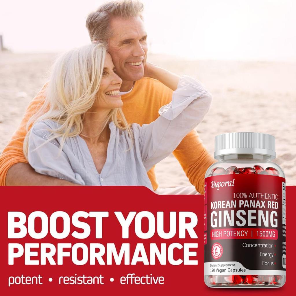 Integratore energetico al Ginseng Rosso Coreano, Migliora la concentrazione, Estratto di Radice di Ginseng ad Alta Concentrazione, 120 Capsule Vegetariane