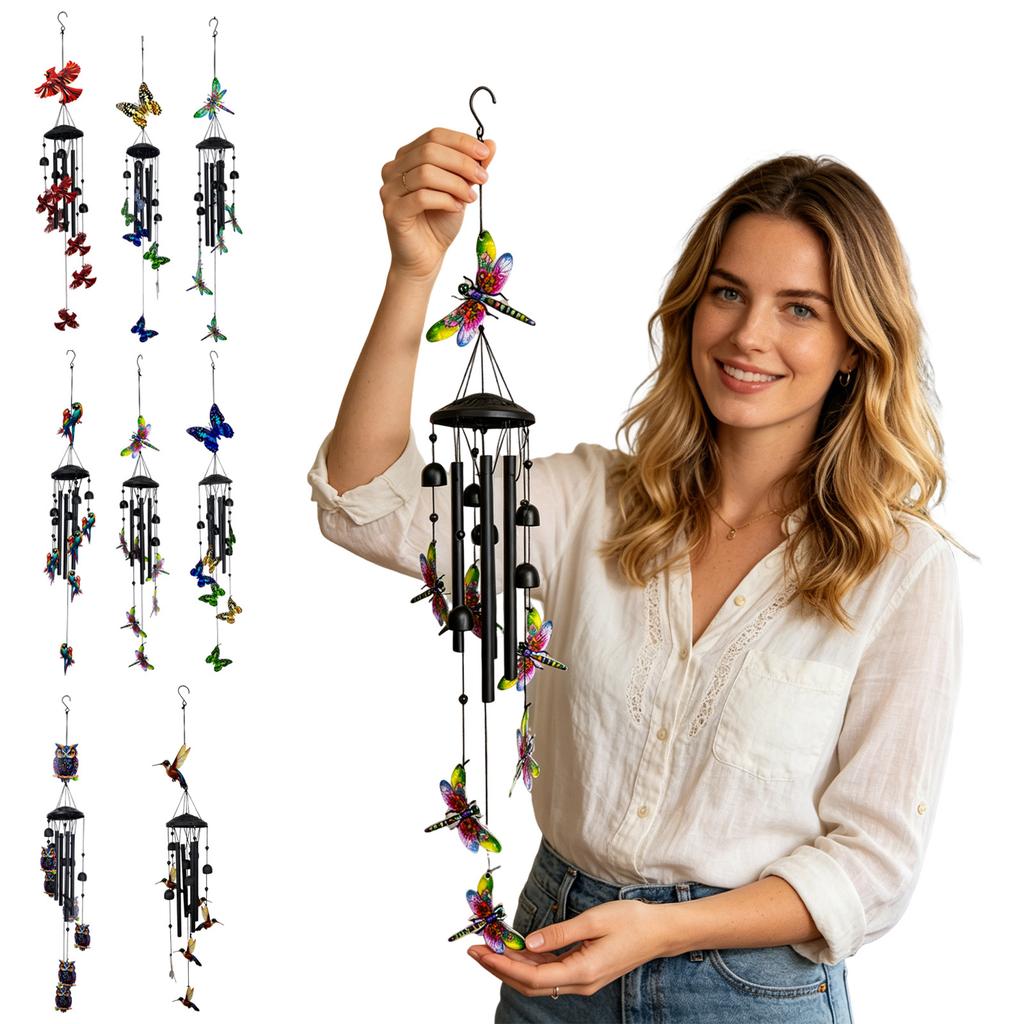 Metal Wind Chime Hanging Decoration with Painted Hummingbird Figurines Outdoor Indoor Garden Patio Porch Accessory