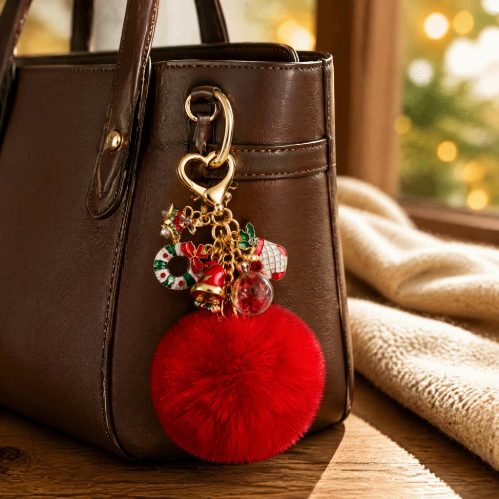 Heart Clasp Fluffy Ball Keychain Soft Plush Bag Charm Stylish Christmas Keychain Party Favor